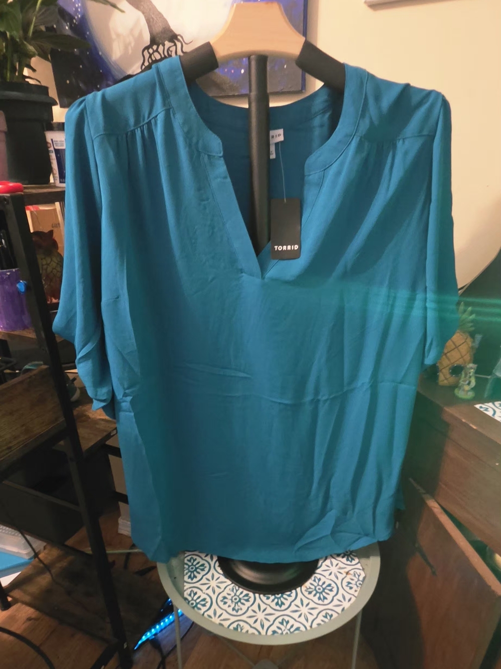 torrid Teal Split-Neck Short Sleeve Blouse
